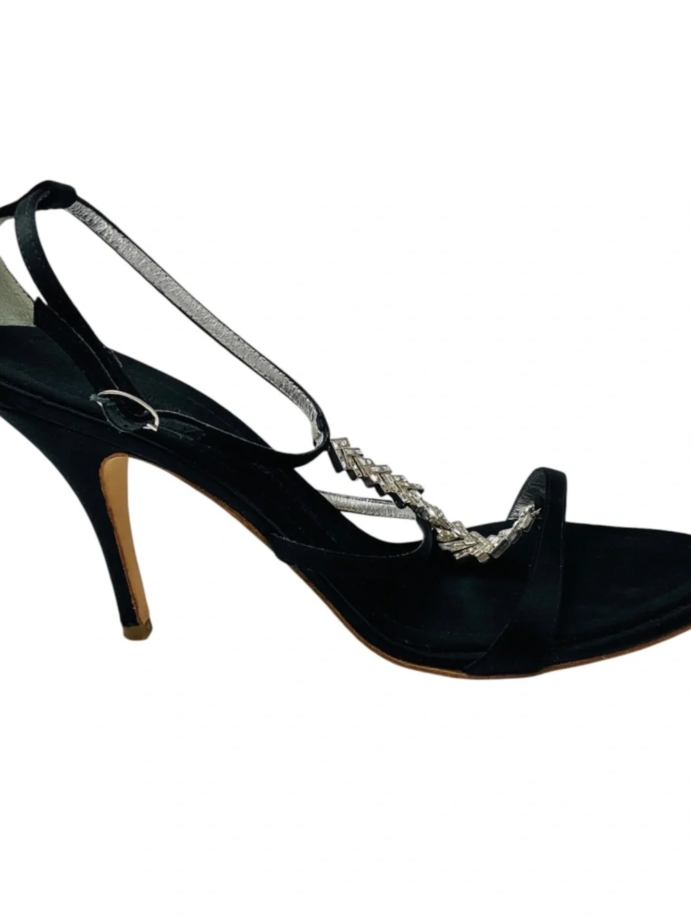 GIUSEPPE ZANOTTI BLACK CRYSTAL EMBELLISHED STRAPPY SATIN SANDALS